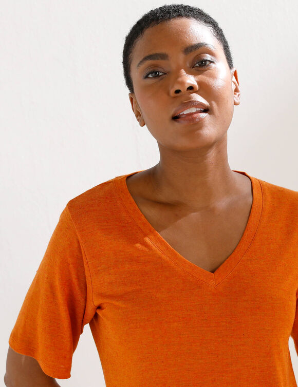 T-shirt col V en lin m&eacute;lang&eacute;, manches courtes (mangue)