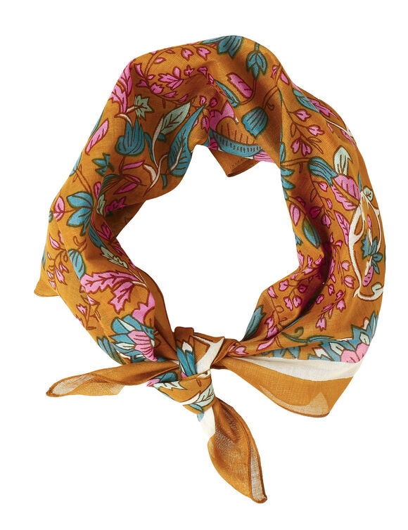 Foulard en voile de coton, imprim&eacute; fleurs (safran)