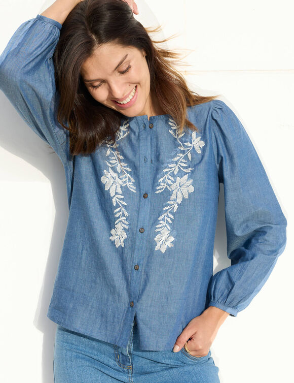 Chemisier jean brod&eacute;, manches longues (bleached)
