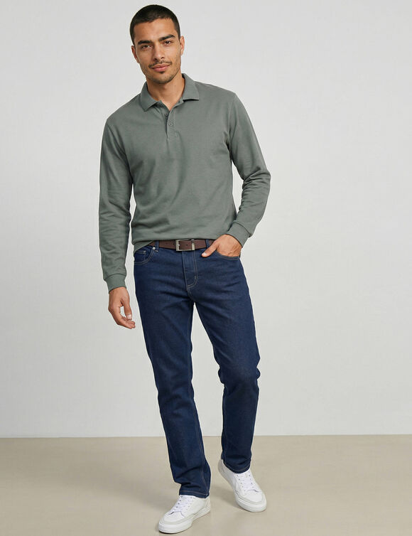 Polo uni maille piqu&eacute;e manches longues (vert gris&eacute;)