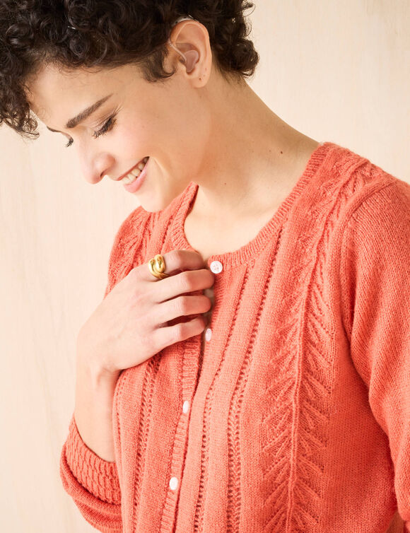 Gilet boutonné col rond, maille fantaisie (paprika)