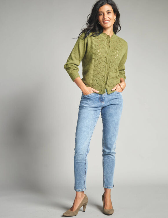 Gilet boutonné col montant, maille fantaisie  (vert mousse)