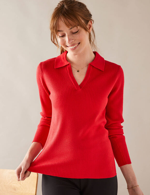 Pull col polo, maille côtelée (rouge)