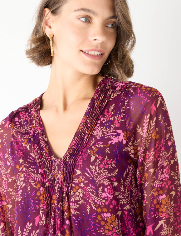 Geplooide jurk met bedrukking, bosprint (pruim / roze)