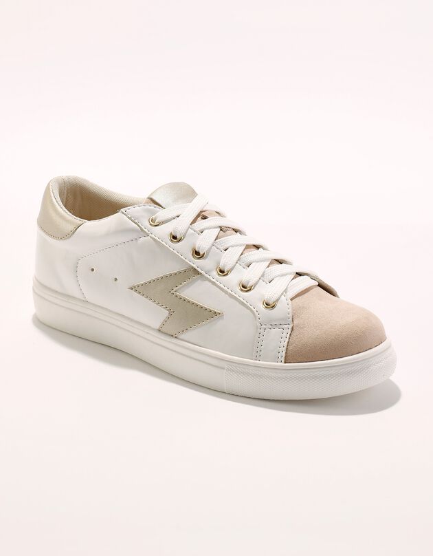 Tennis à lacets avec détail éclair doré - effet bimatière (blanc / beige)