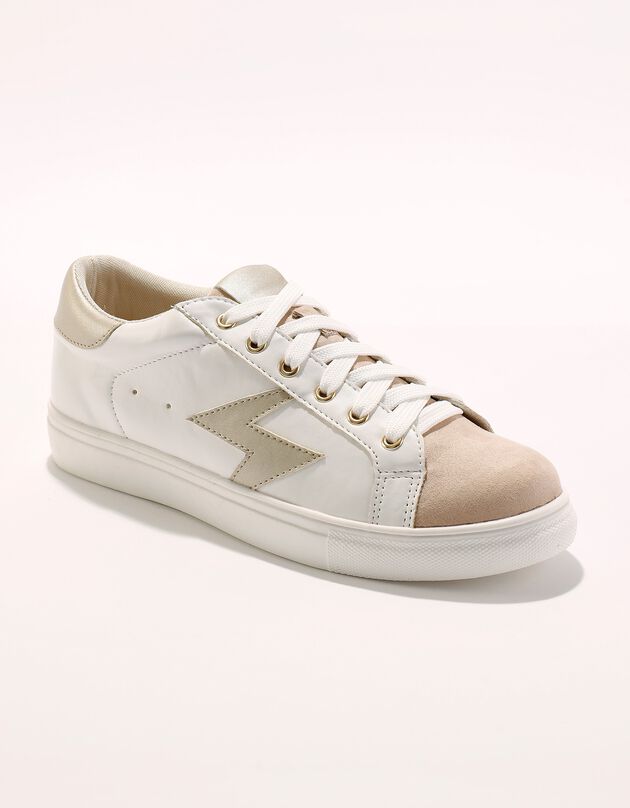 Sneakers met veters en goudkleurige bliksemschicht - materialeneffect (wit / beige)