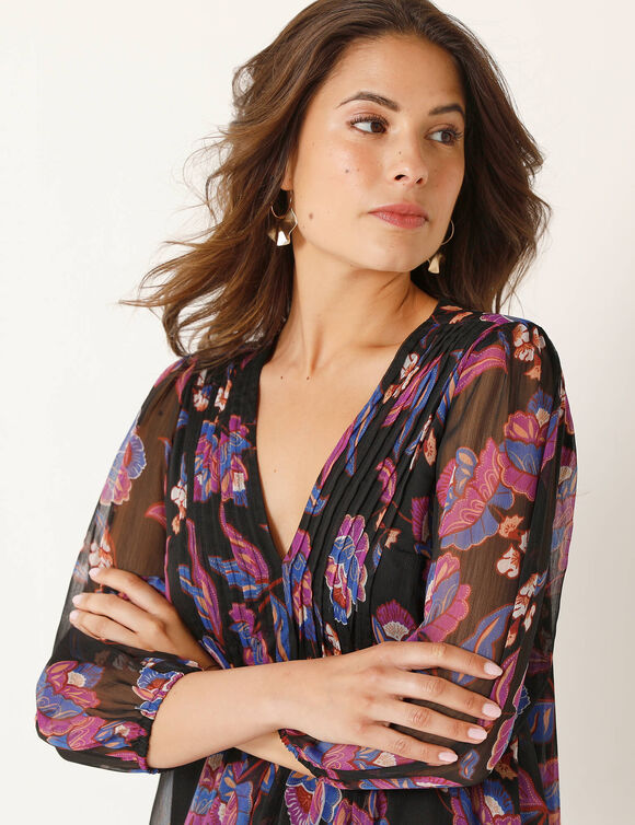 Robe à plis, voile imprimé fleuri (noir / violet)