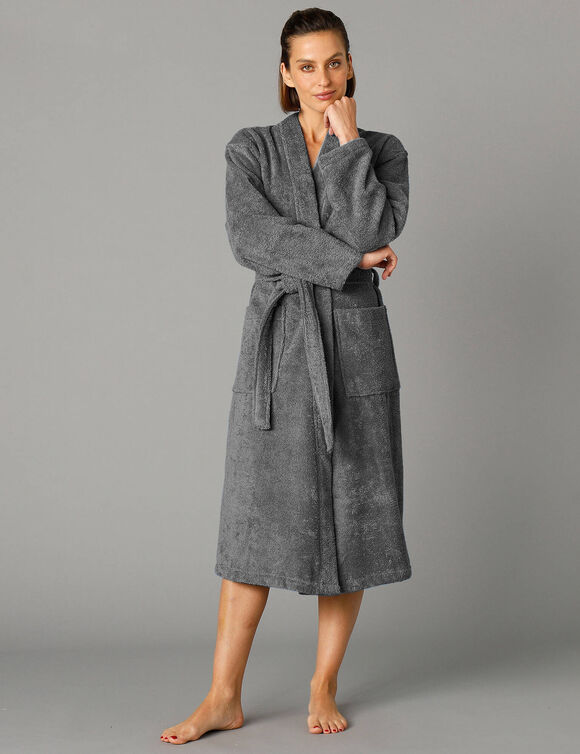 Peignoir mixte adulte col kimono éponge bouclette  (anthracite)