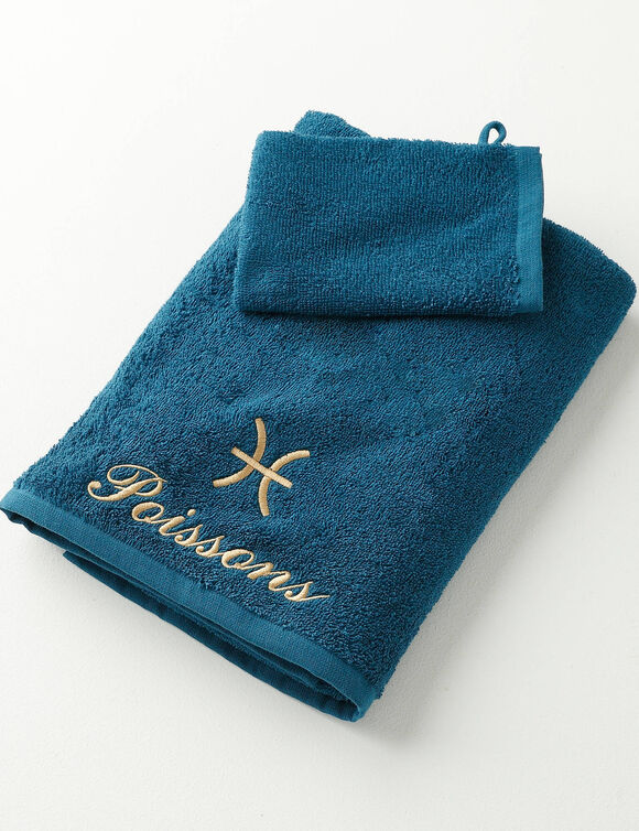 Serviettes de bain brodées Poisson - 420g/m2 (bleu paon)