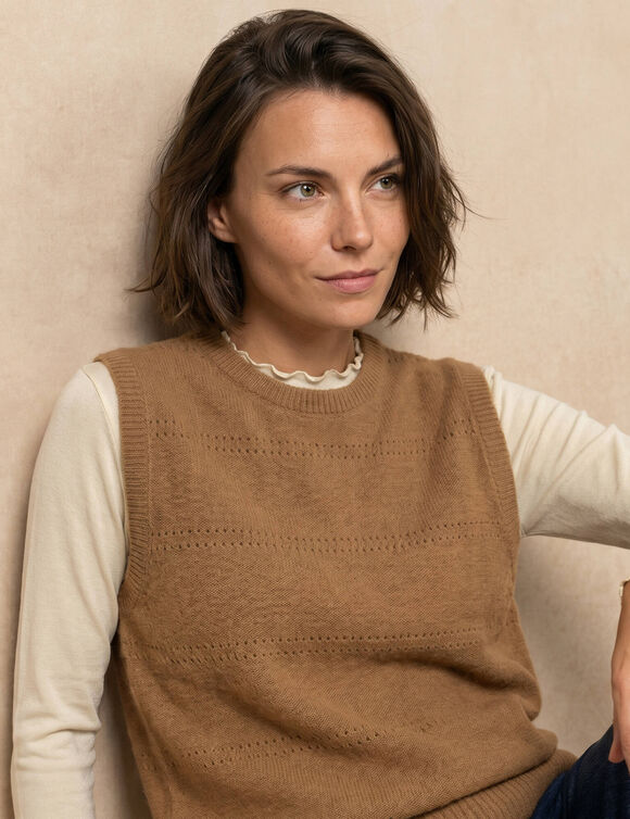 Pull col rond, sans manches, maille fantaisie (caramel)