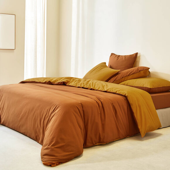 Linge de lit uni bicolore coton (châtaigne / miel)