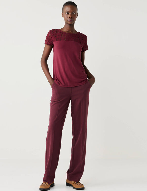 T-shirt met korte mouwen en kant (bordeaux)