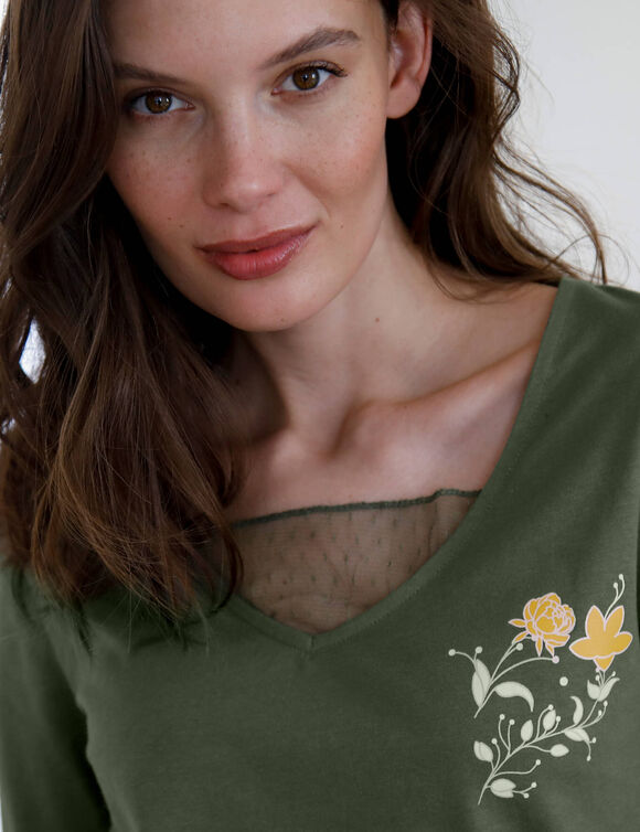 T-shirt pyjama manches longues motif floral imprim&eacute;  (kaki)