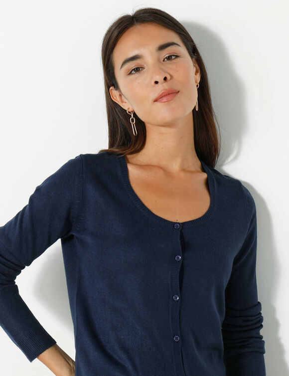 Cardigan boutonné col rond uni, toucher doux (marine)