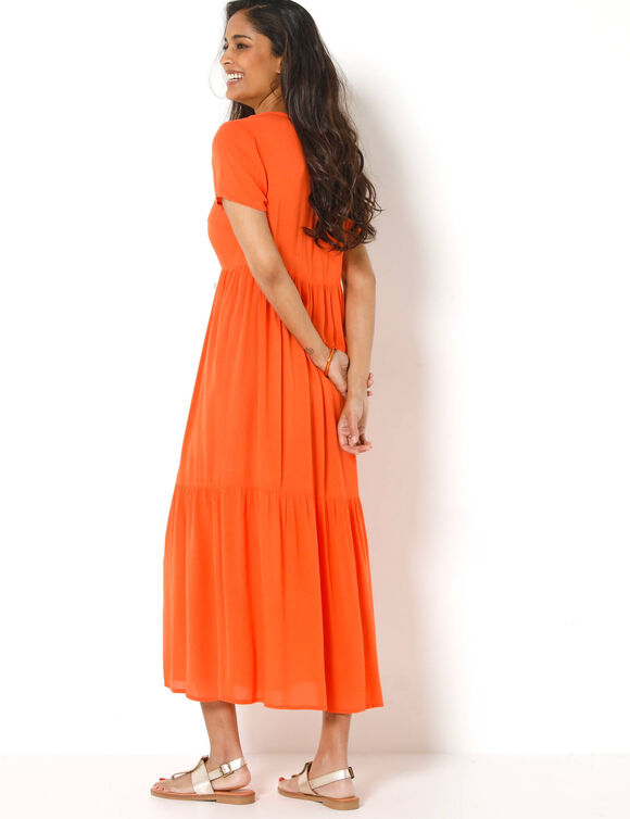Robe col V longue unie, cr&eacute;pon (orange)