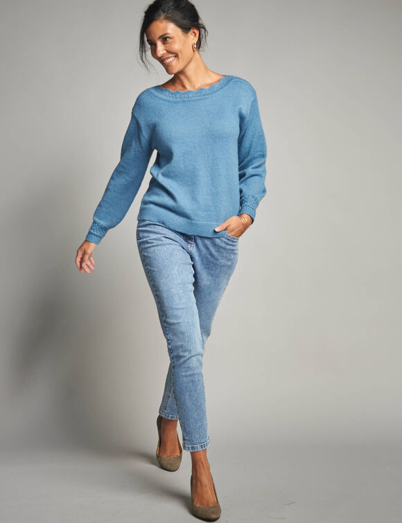 Pull col bateau, maille fantaisie  (bleu grisé)