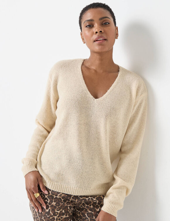 V-halstrui met lange mouwen, mix van wol en mohair (beige)