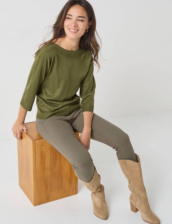 Pull col bateau manches 3/4, toucher doux (kaki)