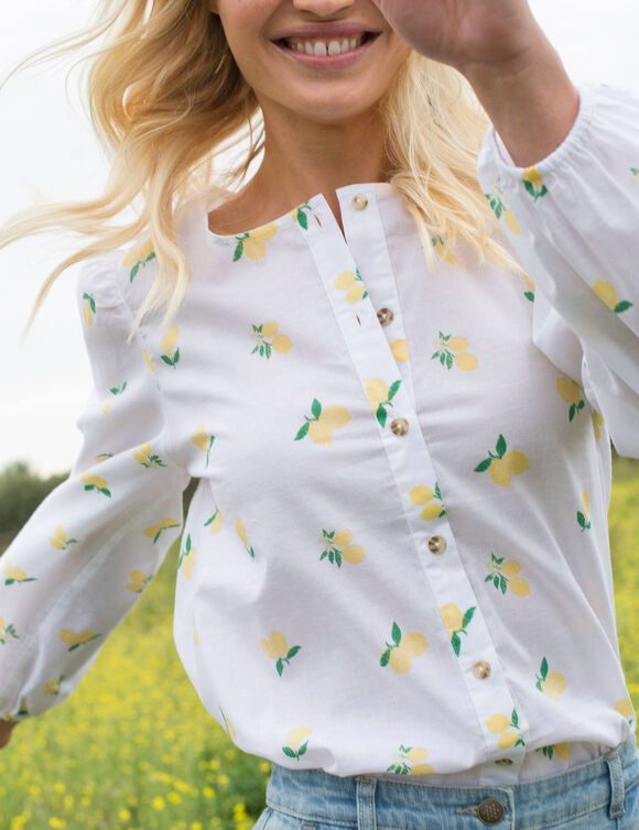 Chemisier col rond imprim&eacute; citrons, manches longues blousantes (blanc / jaune)