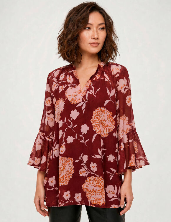 Tunique ample, en voile imprim&eacute; (bordeaux / rose)
