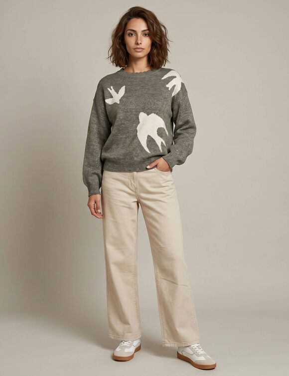 Pull col rond manches longues, jacquard motif oiseaux, laine m&eacute;lang&eacute;e (kaki / &eacute;cru)