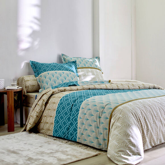 Linge de lit Eddy en coton &agrave; motifs graphiques (bleu paon)