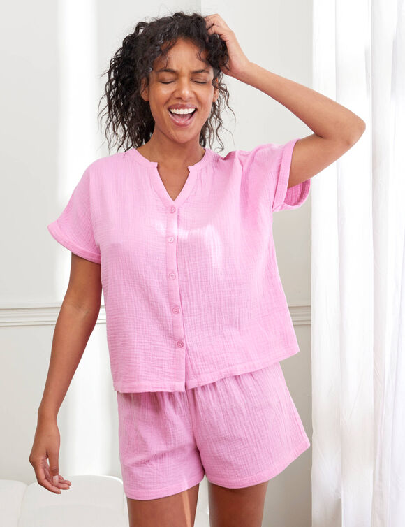 Pyjama short boutonné en gaze de coton (rose)