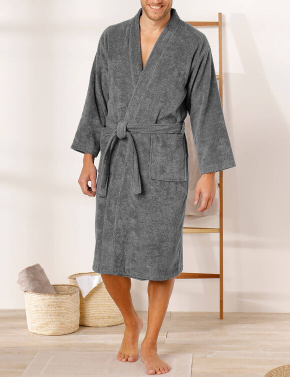 Peignoir mixte adulte col kimono éponge bouclette  (anthracite)