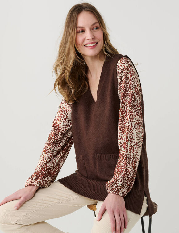Pull tunique sans manches col V, maille moelleuse (chocolat)