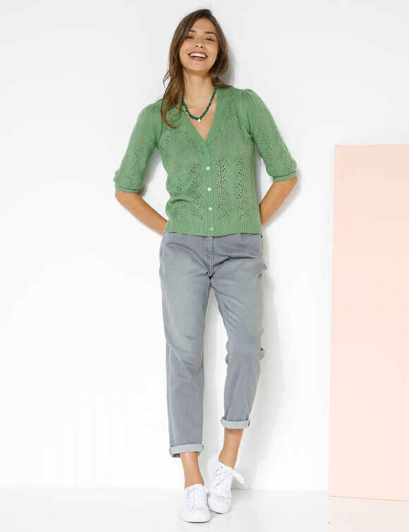 Gilet col V, maille ajourée (vert)