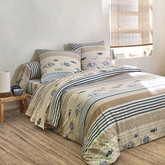 Bedlinnen Riviera in katoen met vissenprint (blauw)