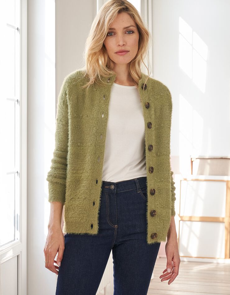 ruimte abortus Prelude Cardigan in harig fantasietricot, mosgroen | Blancheporte
