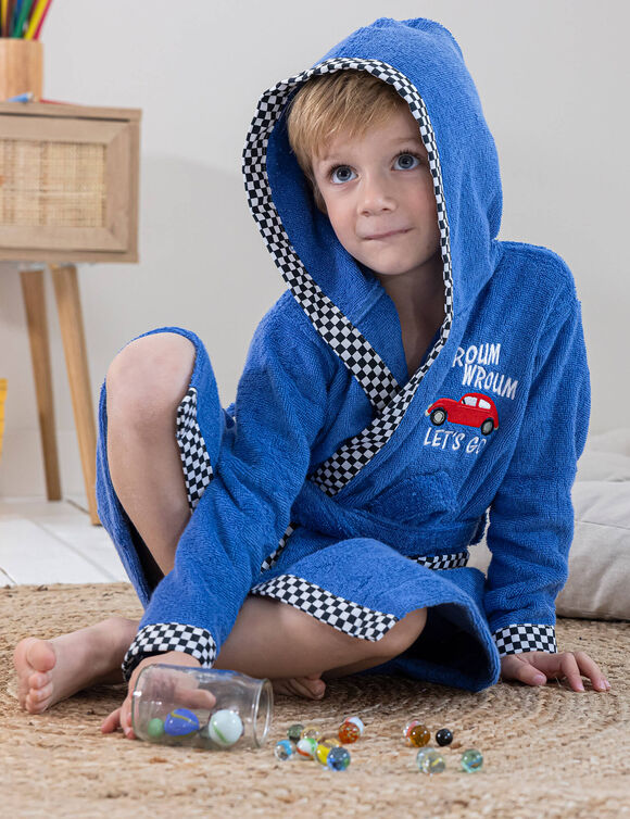 Peignoir de bain enfant à capuche voiture éponge coton - 340 g/m² (bleu dur)