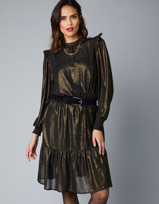 Uitlopende jurk met goudkleurige dierenhuidprint - lange mouwen (zwart / goudkleurig)