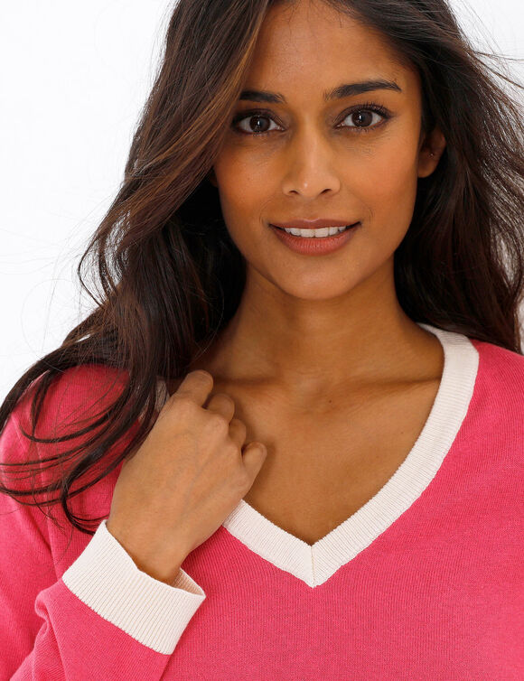 Pull col V bicolore (roze / ecru)