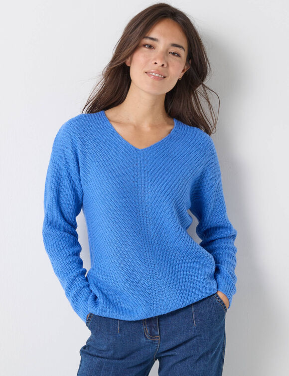 Trui met V-hals, patenttricot met zachte touch (lavendelblauw)