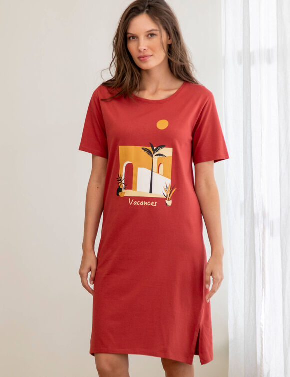 Kort nachthemd in katoen met vakantieprint en korte mouwen (tomette)