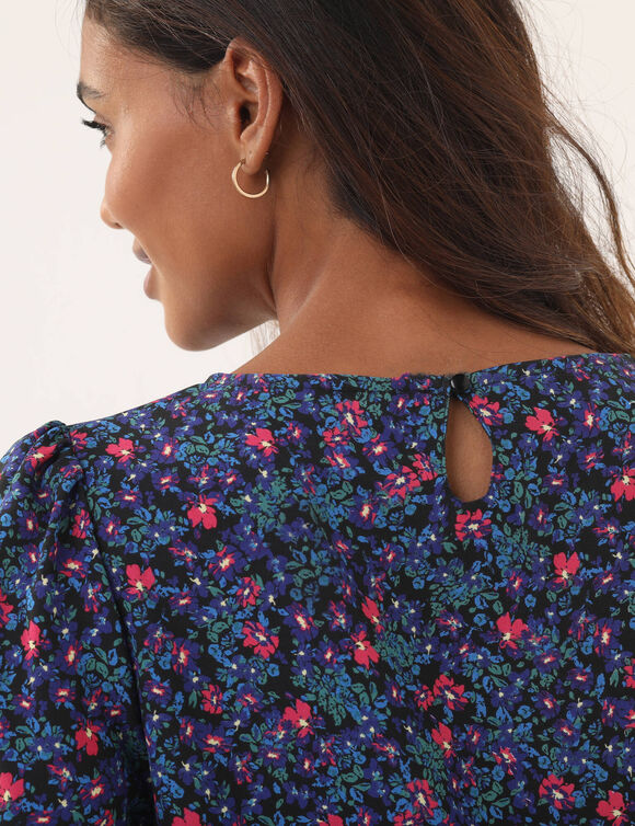 Robe droite manches 7/8ème imprimée (noir / bleu encre)