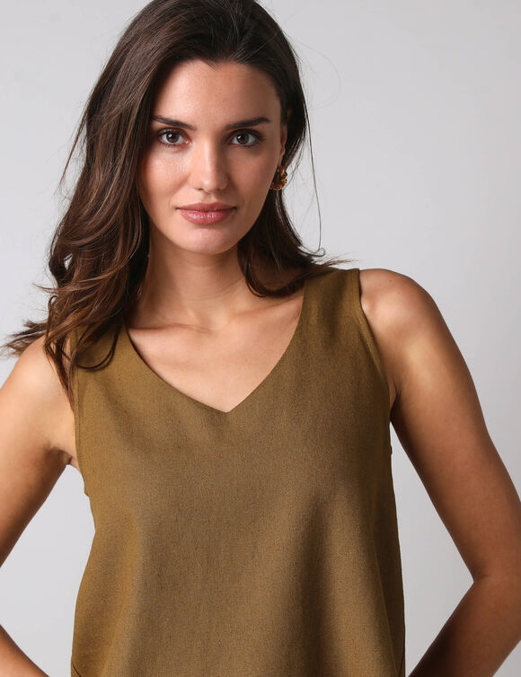 D&eacute;bardeur larges bretelles col V, viscose et lin (vert olive)