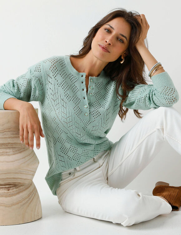 Pull col tunisien en maille ajourée (vert d'eau)