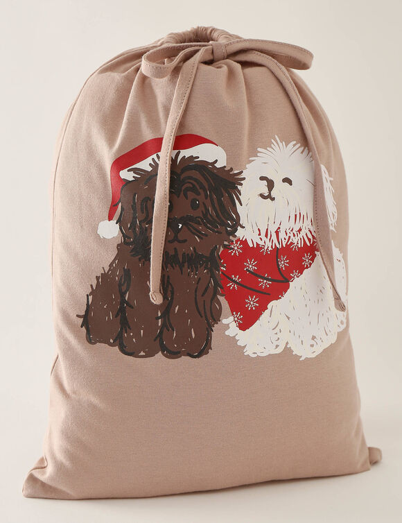 Pyjama pantalon en coton, imprim&eacute; "bichons", avec pochon assorti (taupe / chocolat)