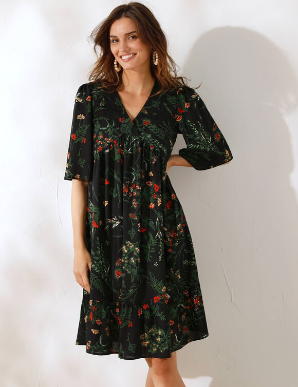 Robe courte col V, imprimé fleuri (noir)