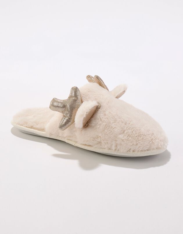 Mules plates fourrées peluche à oreilles, beige Mules plates fourrées peluche à oreilles, beige, hi-res