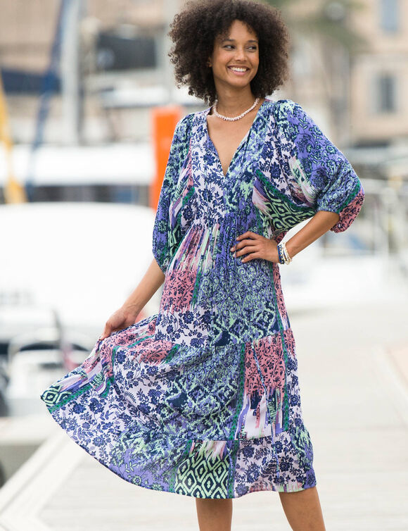 Robe longue imprimée, crépon (indigo / parme)
