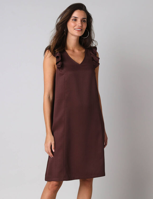 Robe courte col V unie, &agrave; mancherons volant&eacute;s (chocolat)