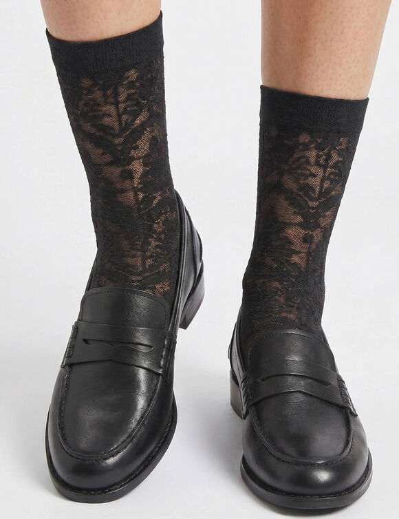 Mi-chaussettes effet r&eacute;sille et dentelle - lot de 2 paires (noir)