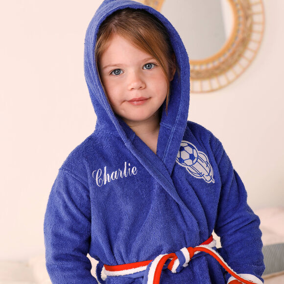 Peignoir de bain enfant personnalisable foot à capuche, éponge coton - 340 g/m² (bleu dur)