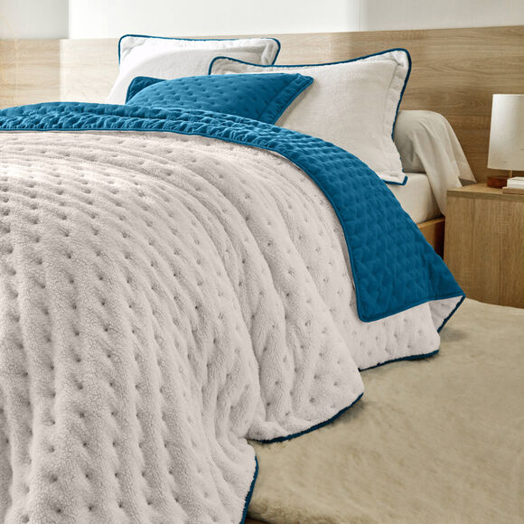 Couvre-lit réversible microfibre matelassée/sherpa (bleu paon)