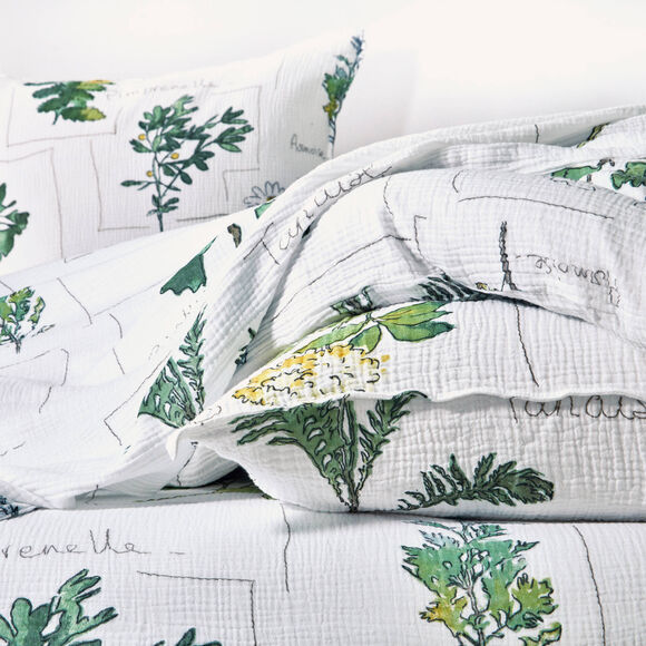 Linge de lit Botanic imprim&eacute; - double gaze de coton (blanc / vert)