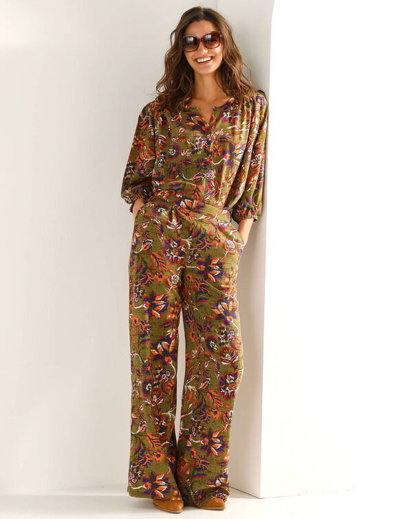 Pantalon large fluide, imprim&eacute; fleurs indiennes (vert)